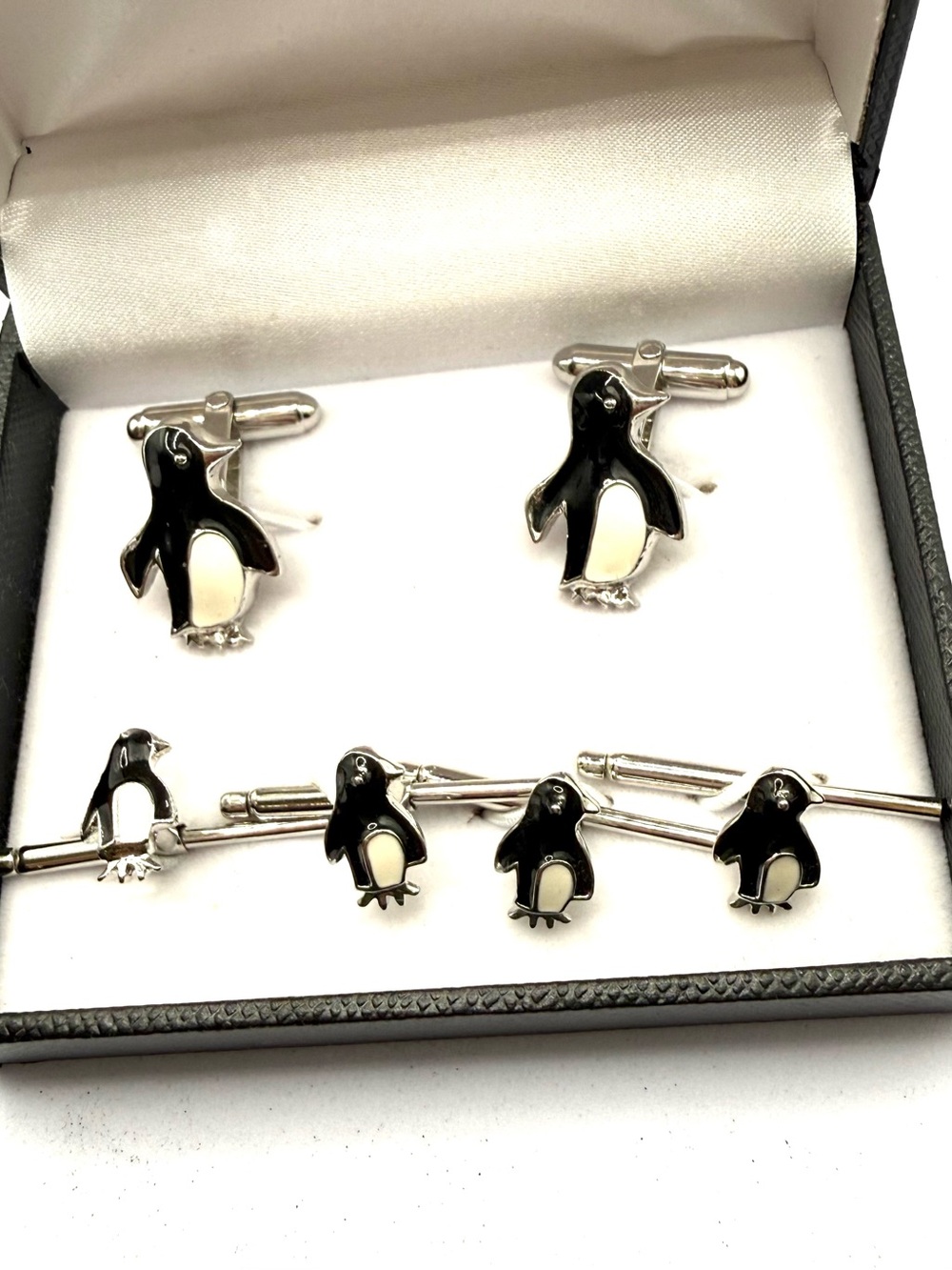 Sterling Silver Penguin Cufflink and Tie Bar Set - Black/White